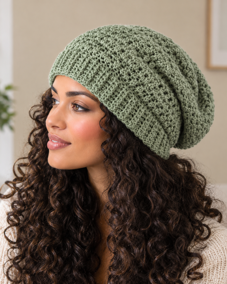 Crochet slouchy beanie for long hair in a relaxed adult style